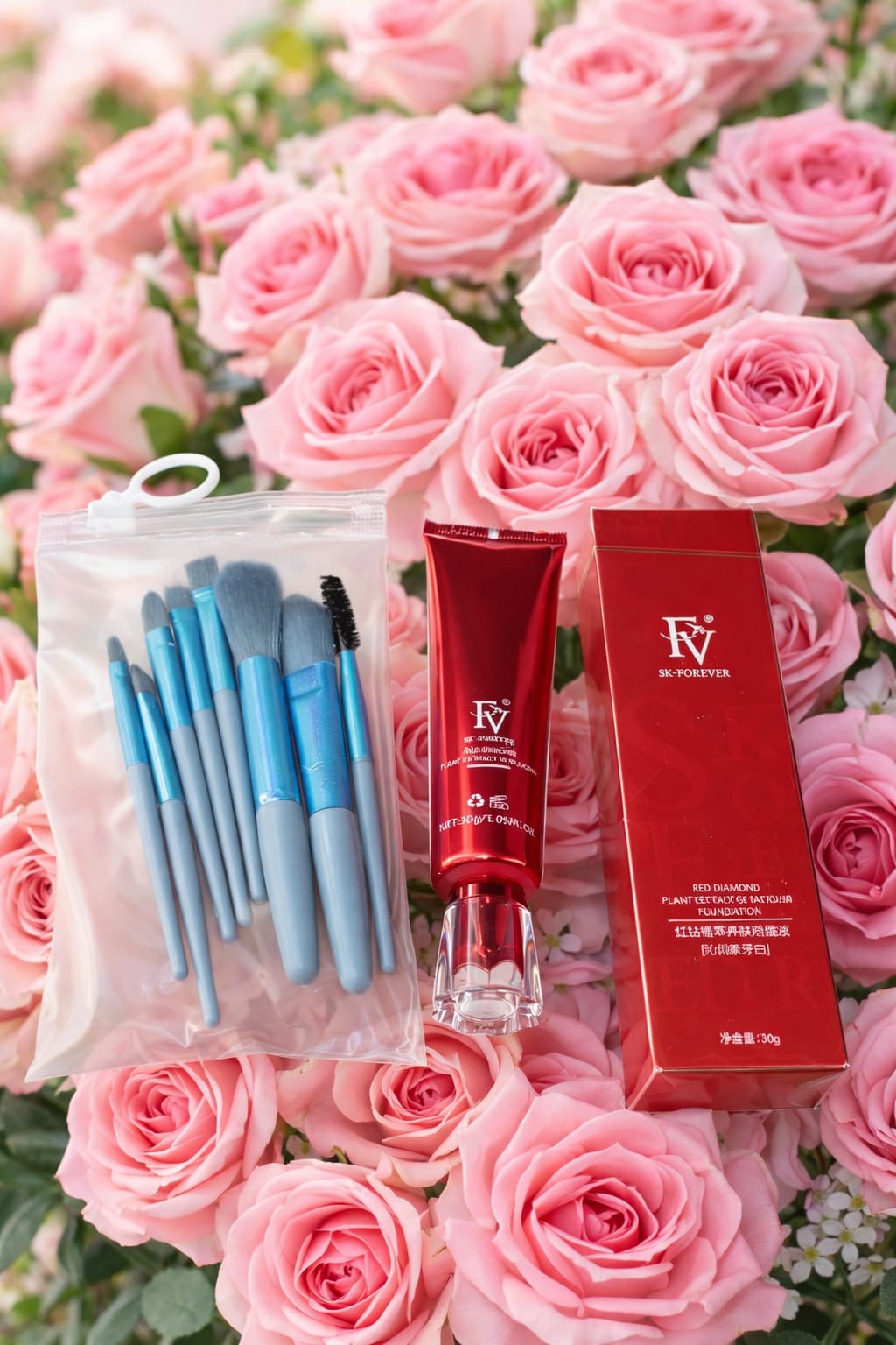 FV Foundation + 8 Makeup Brushes Set – Flawless Coverage (Only 1500 PKR)
