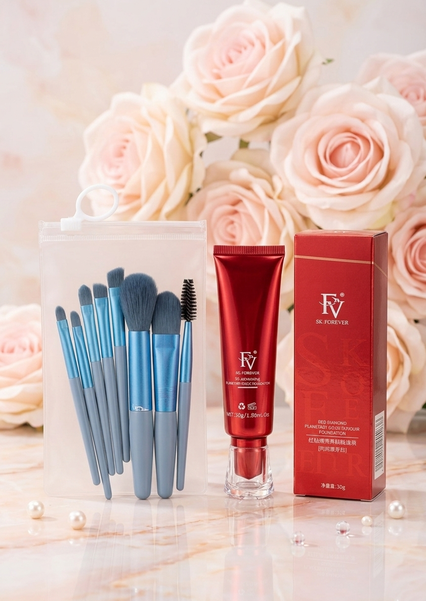 FV Foundation + 8 Makeup Brushes Set – Flawless Coverage (Only 1500 PKR)